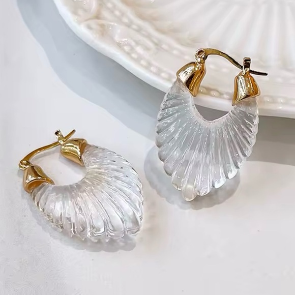 Anthro “Gabi” Sculptural Crystal Clear Scalloped Striated Parabola Frosted Hoops - Picture 6 of 14